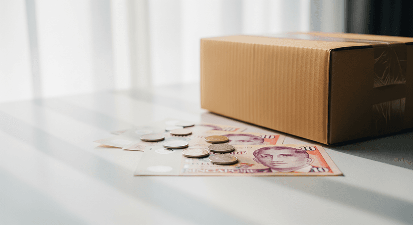 Singapore dollar notes and coins next to a cardboard delivery parcel on a white desk