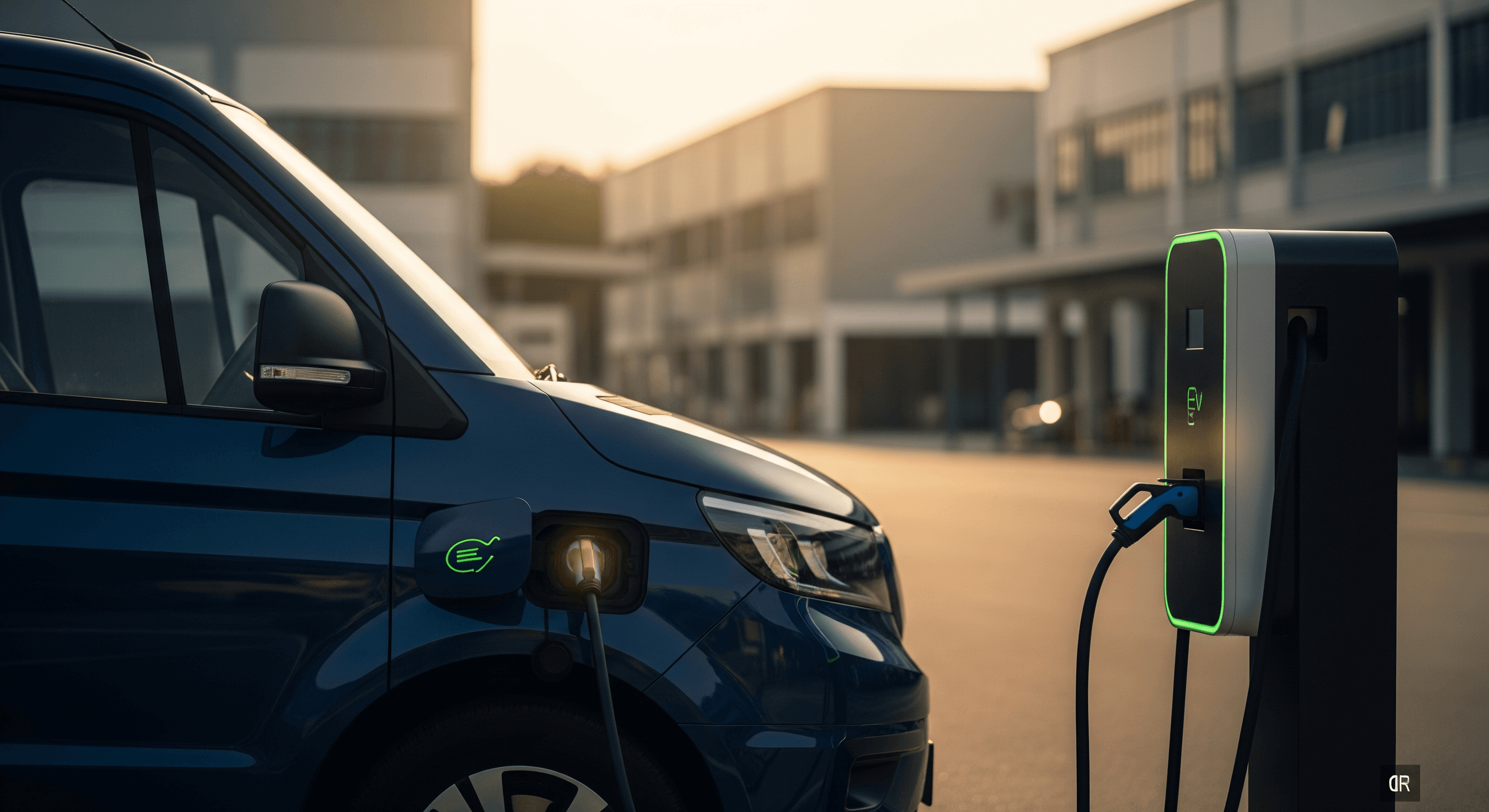 Electric delivery van charging at Singapore industrial estate with glowing EV charger