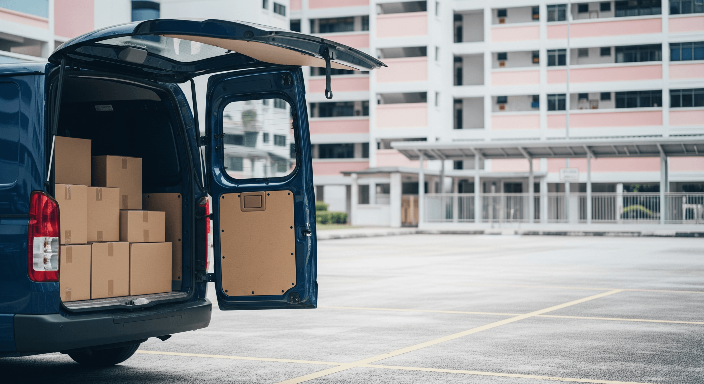 Navy delivery van with rear doors open showing stacked kraft parcels, parked at a Singapore HDB estate loading bay