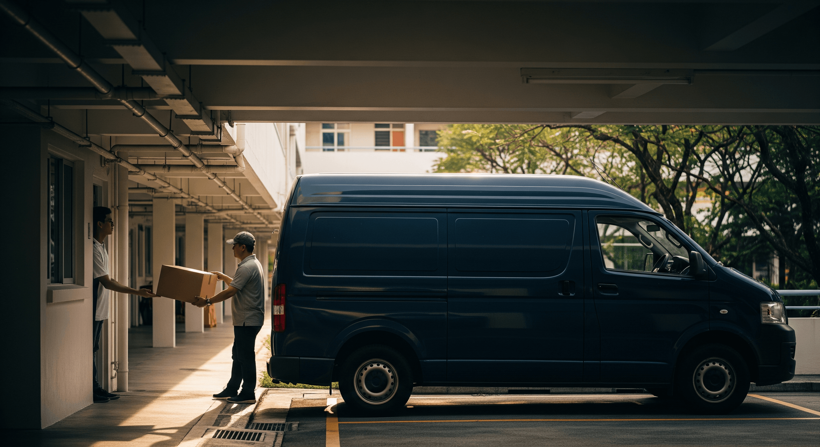 Navy blue delivery van at a Singapore HDB void deck with package being delivered same-day
