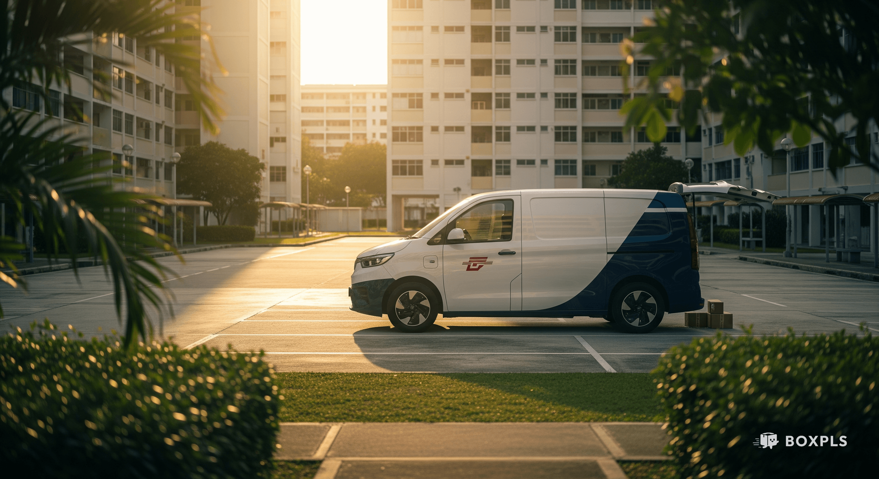 Electric delivery van with navy blue accents parked in a Singapore HDB estate at golden hour