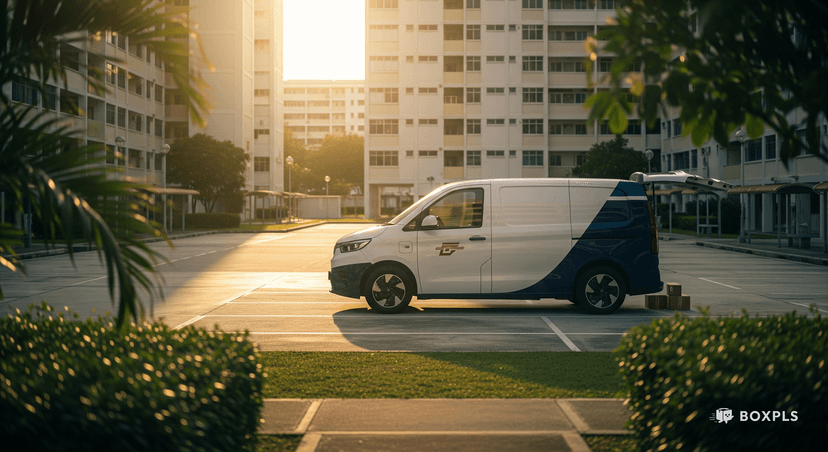 Electric delivery van with navy blue accents parked in a Singapore HDB estate at golden hour
