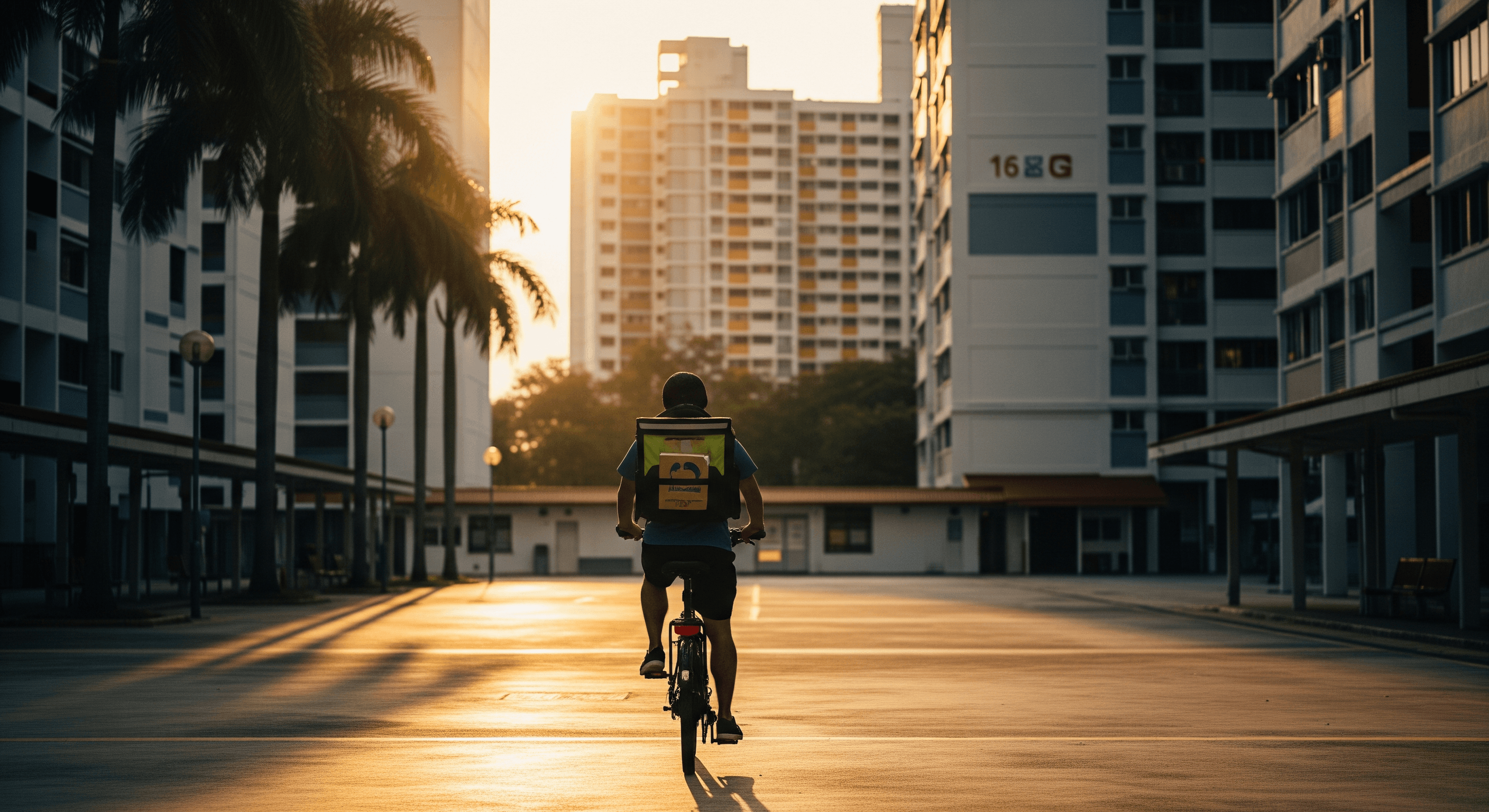 Delivery rider on electric bicycle viewed from behind riding through Singapore HDB estate at golden hour