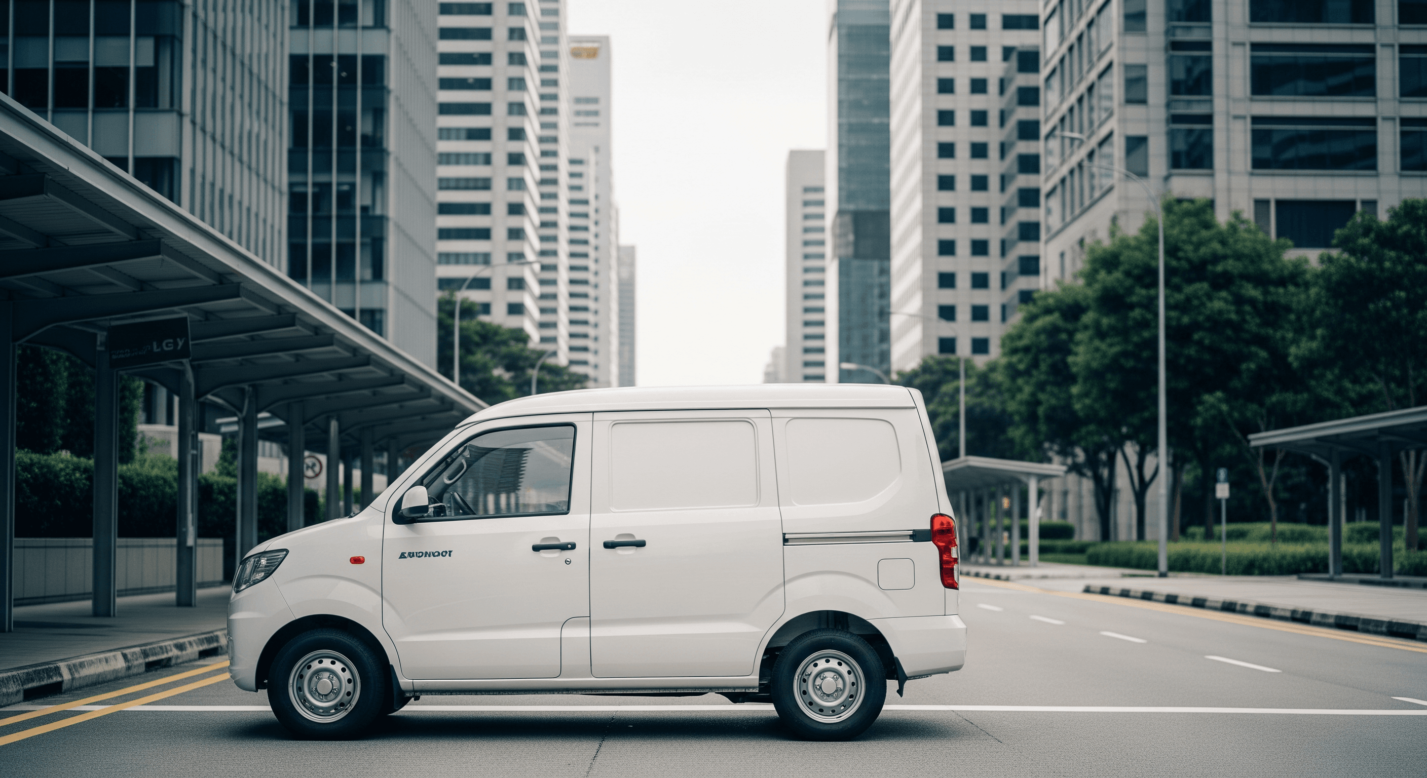 A white compact high-roof panel van parked along a quiet Singapore CBD side street with glass office towers and a covered walkway rising behind it under soft overcast light