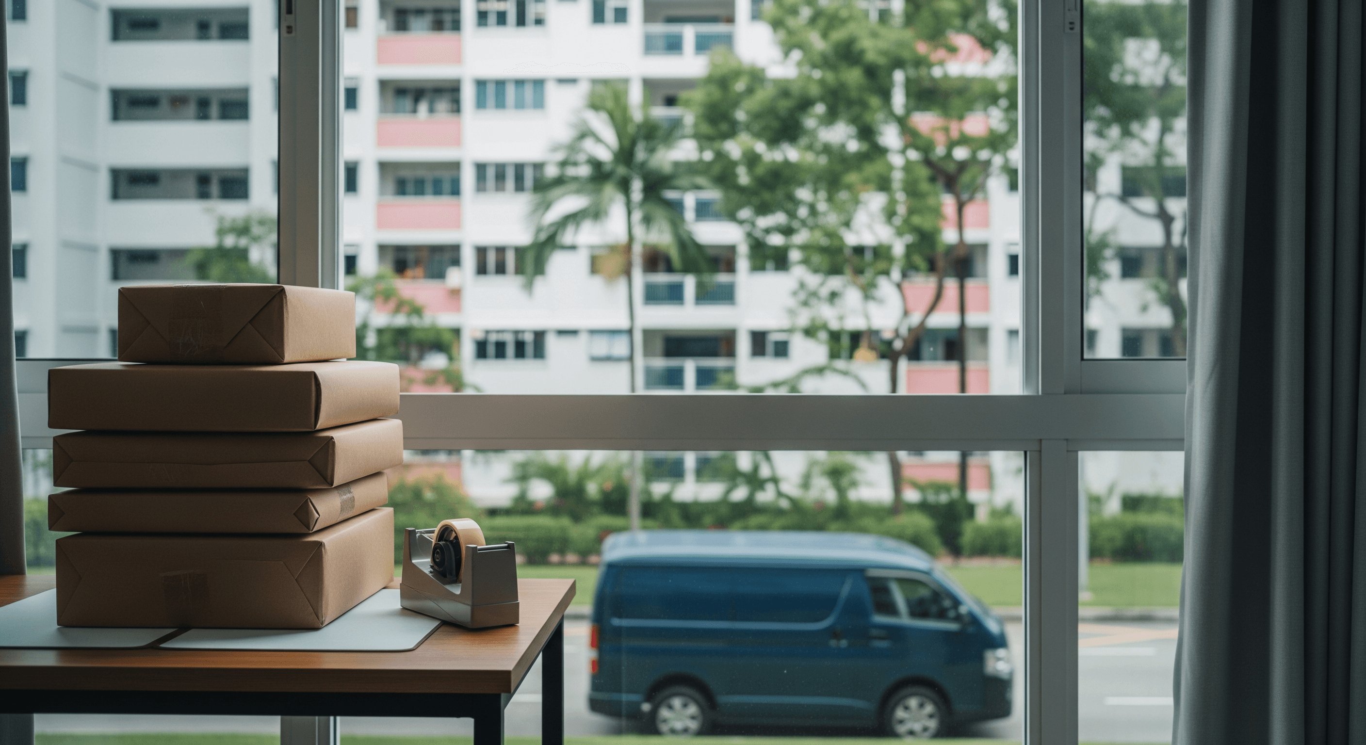 Stack of sealed kraft parcels on a home-business desk in a Singapore HDB flat, with a navy delivery van and HDB block visible through the window