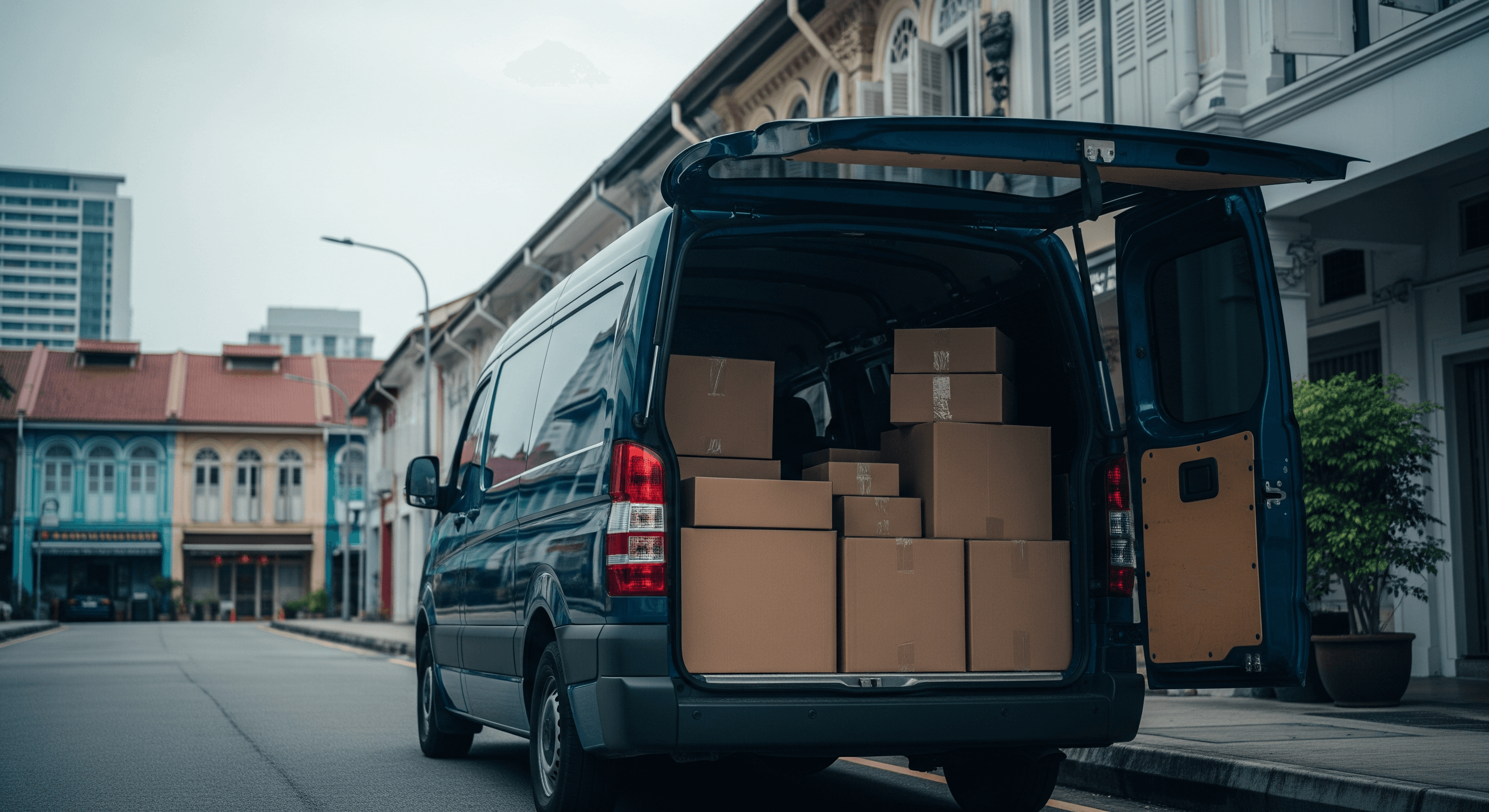 Navy blue delivery van with packages ready for dispatch outside colorful Peranakan shophouses in Singapore