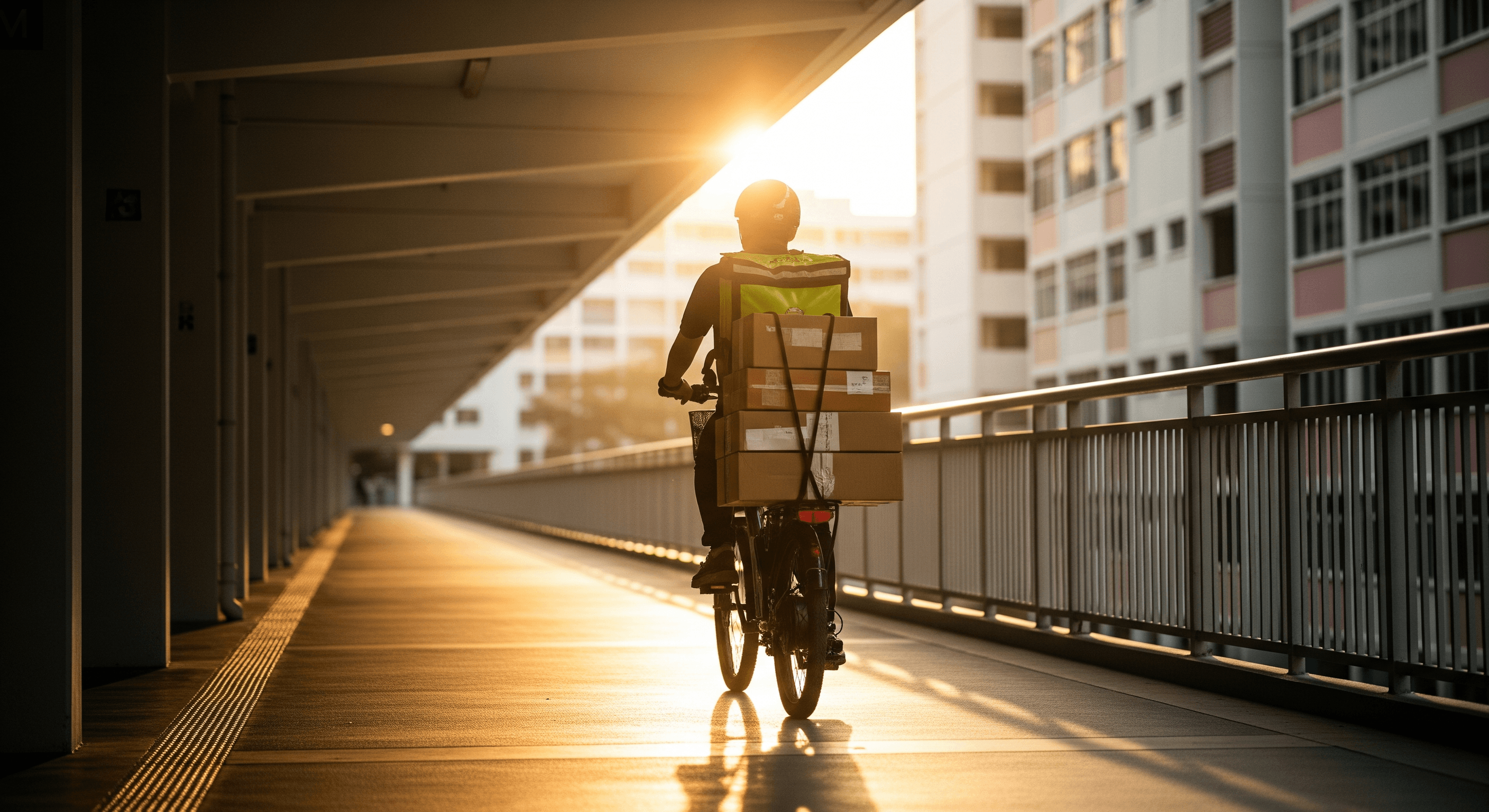 Delivery rider on electric bicycle navigating Singapore HDB estate corridor at golden hour with parcels