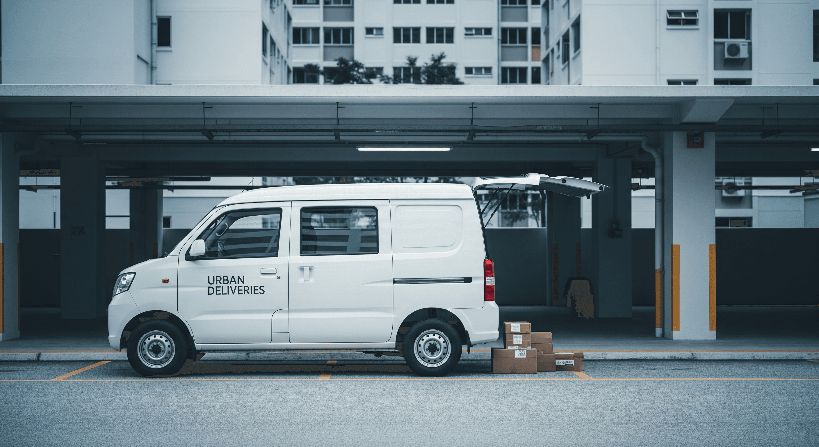 A white compact high-roof panel van with open rear doors parked at a Singapore HDB void deck loading bay, cardboard parcels stacked on the ground beside it