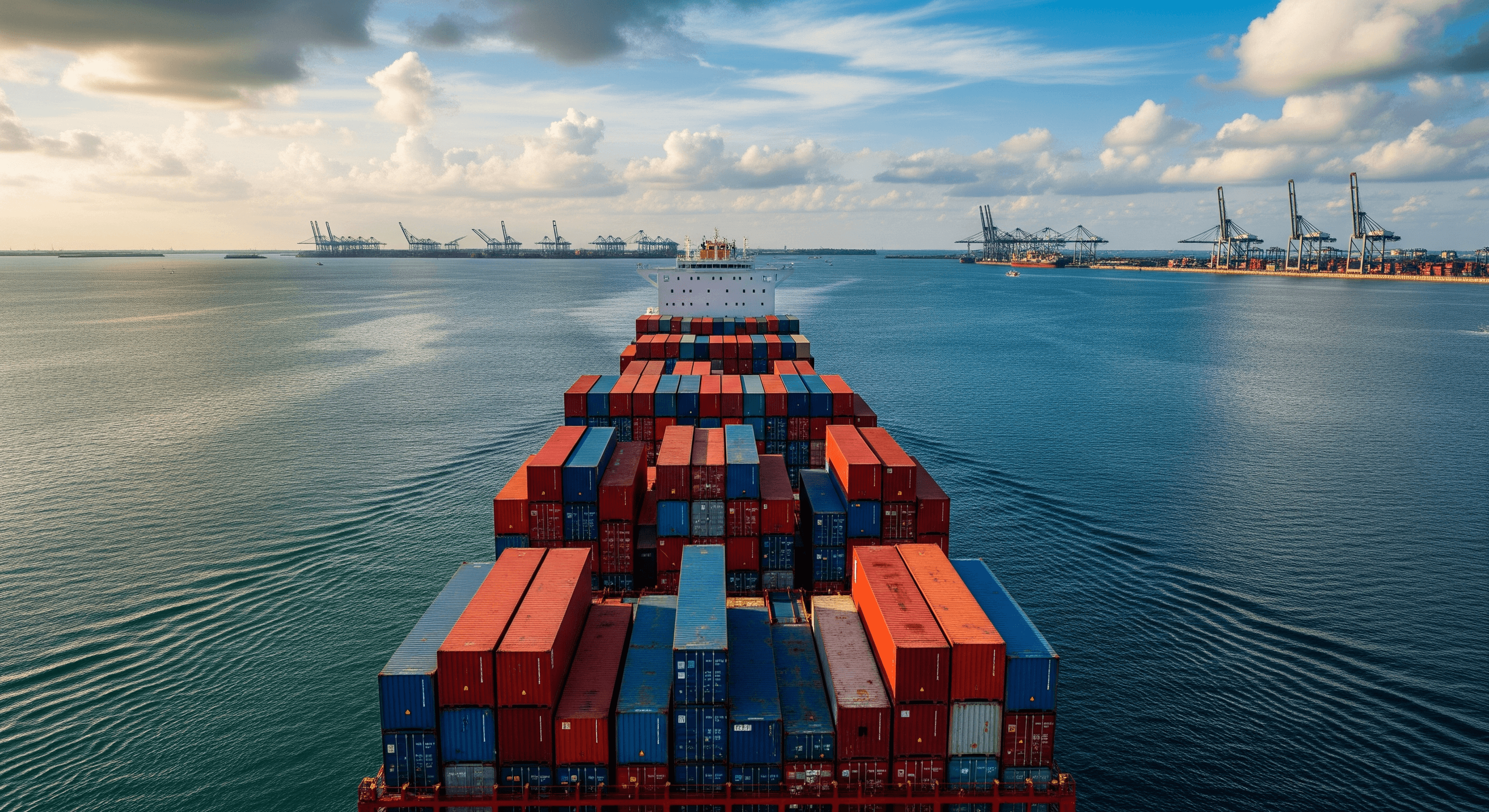 Container ship navigating ocean waters with Singapore port cranes visible in the distance