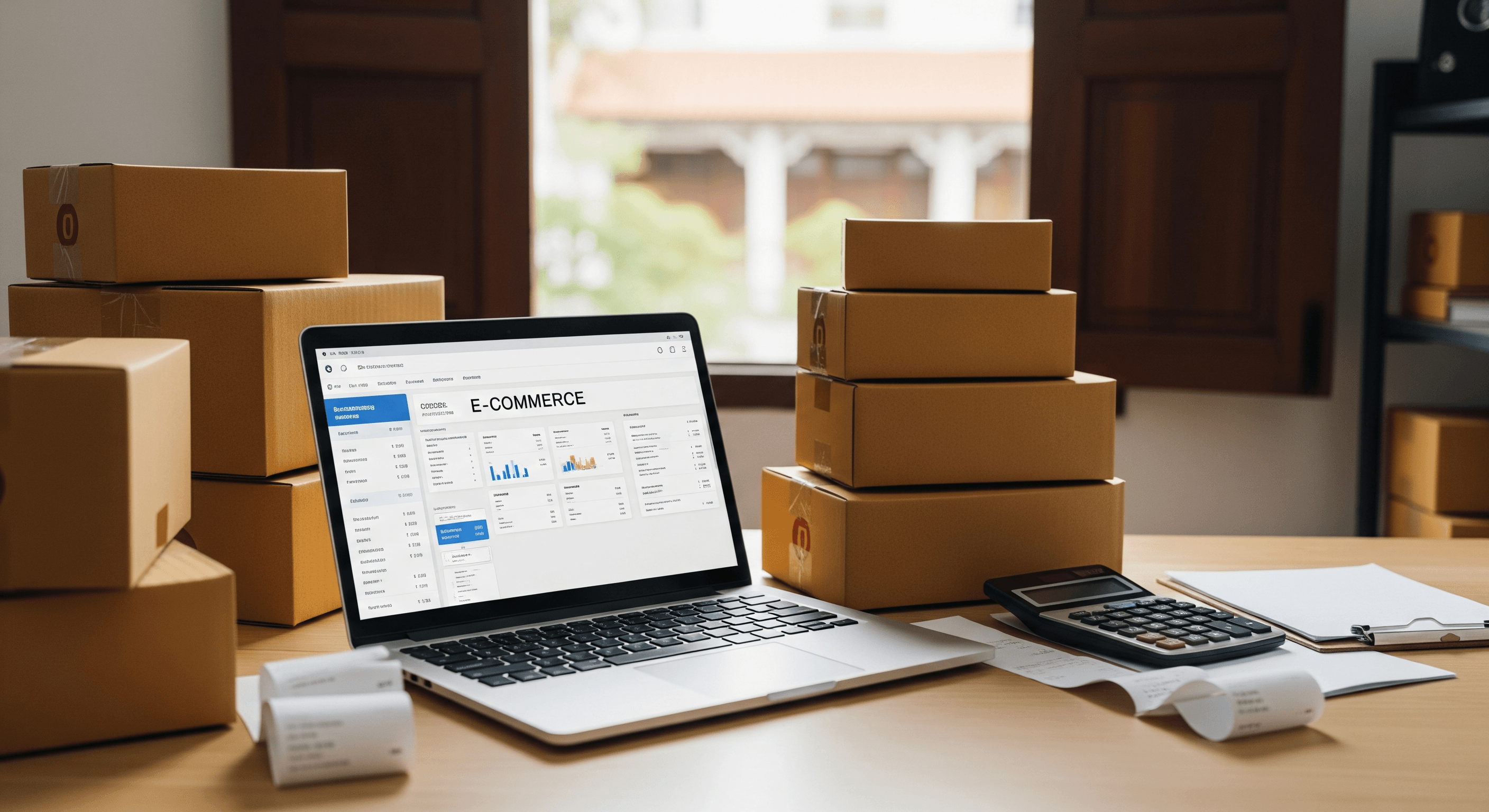 Singapore online seller workspace in a shophouse with laptop showing e-commerce dashboard, shipping boxes, and calculator for pricing decisions
