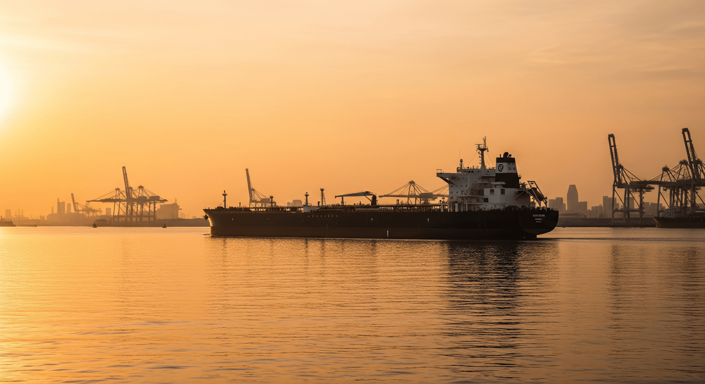 Oil tanker in Singapore Strait waters at golden hour with port skyline and cranes in the background