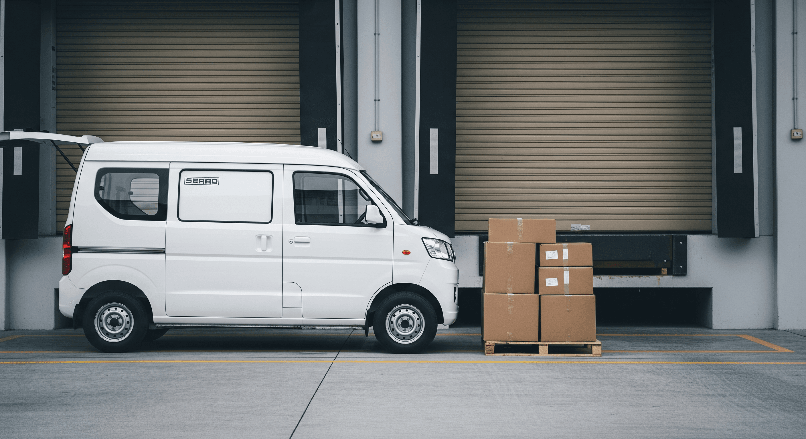 A white compact high-roof panel van reversed up to a Singapore industrial estate loading dock, brown cardboard parcels stacked on a pallet beside its open rear doors