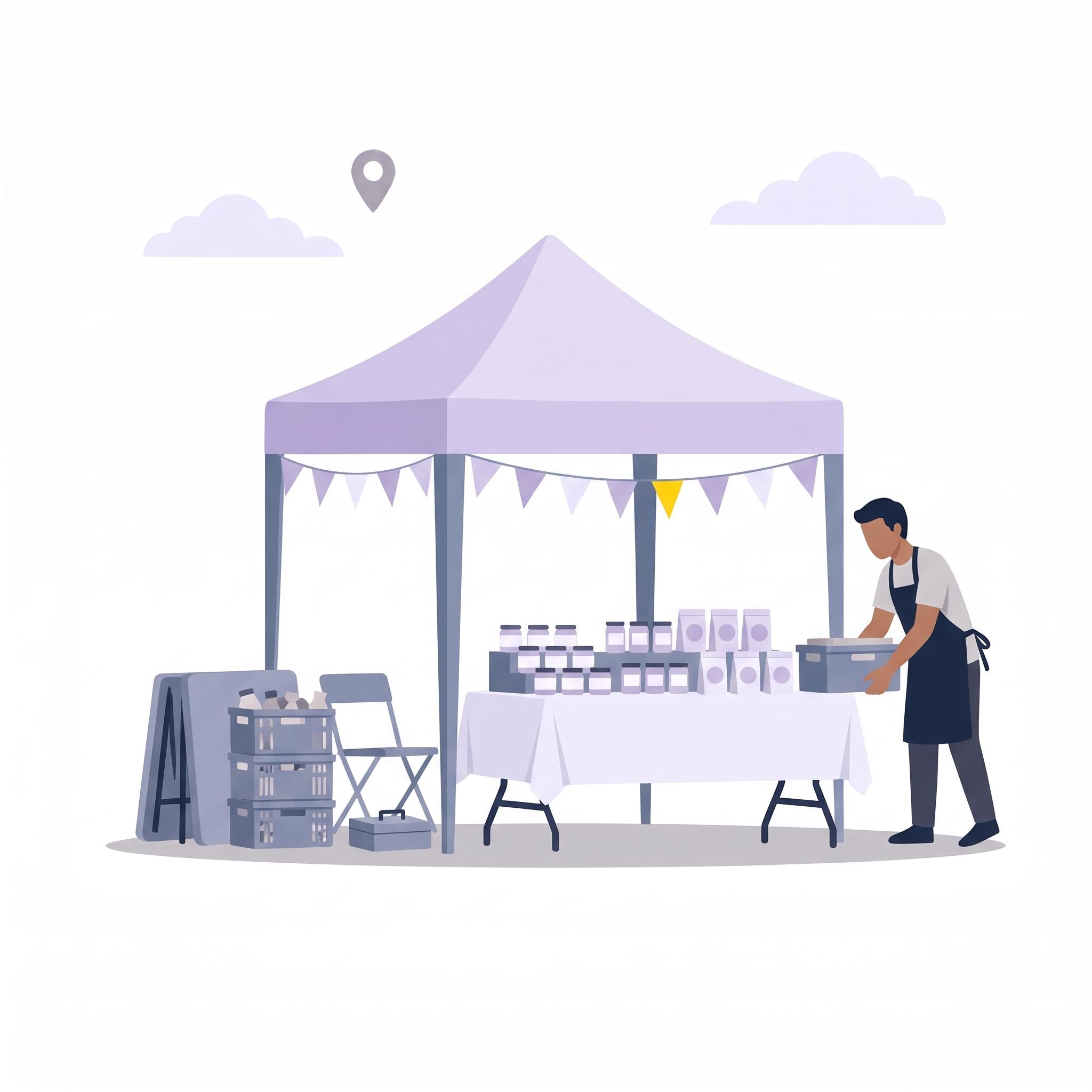 Illustration of a stallholder stocking a market tent table with jars and packaged goods, with crates and a folding chair beside it