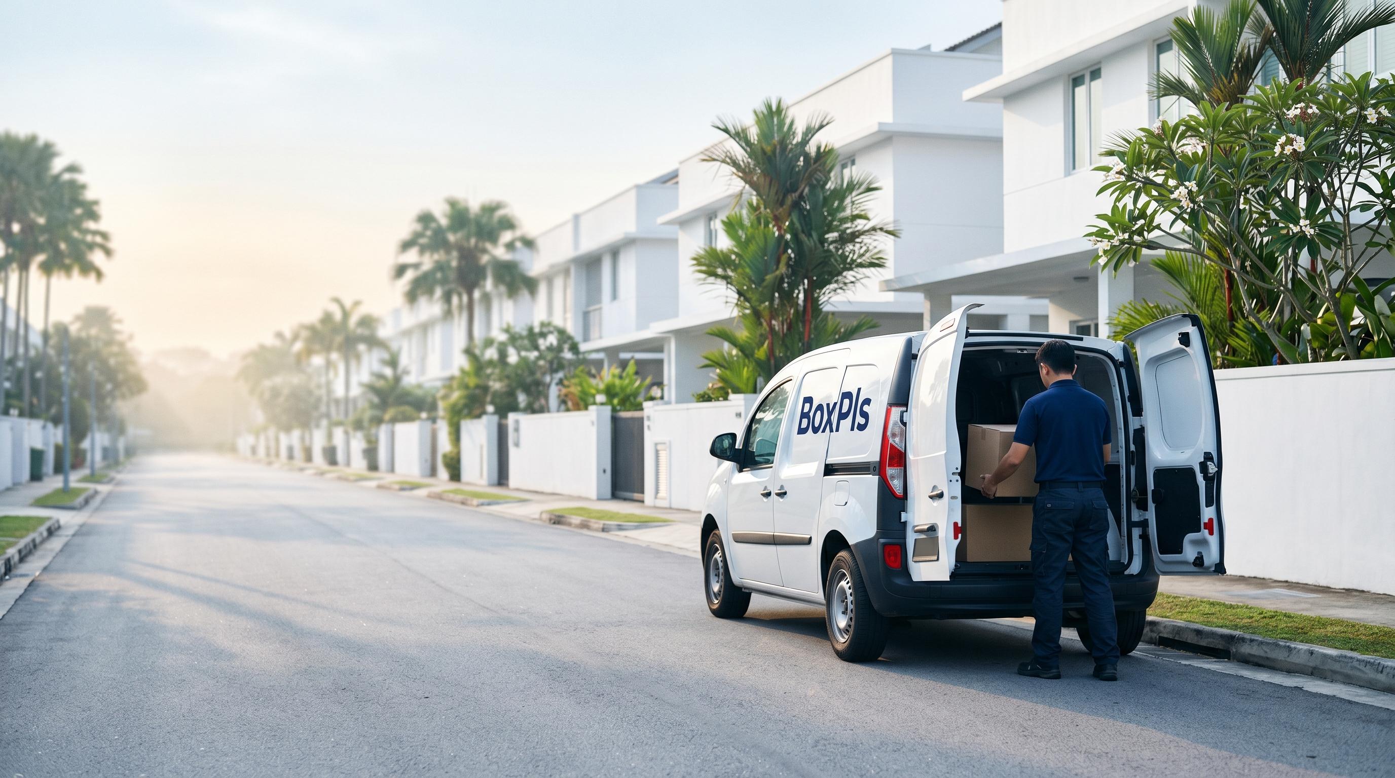 BoxPls delivery van and driver on a Singapore residential street