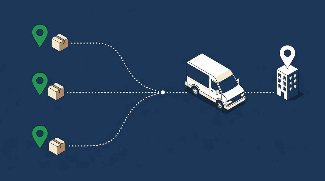 Parcels from multiple pickup locations consolidated into one van