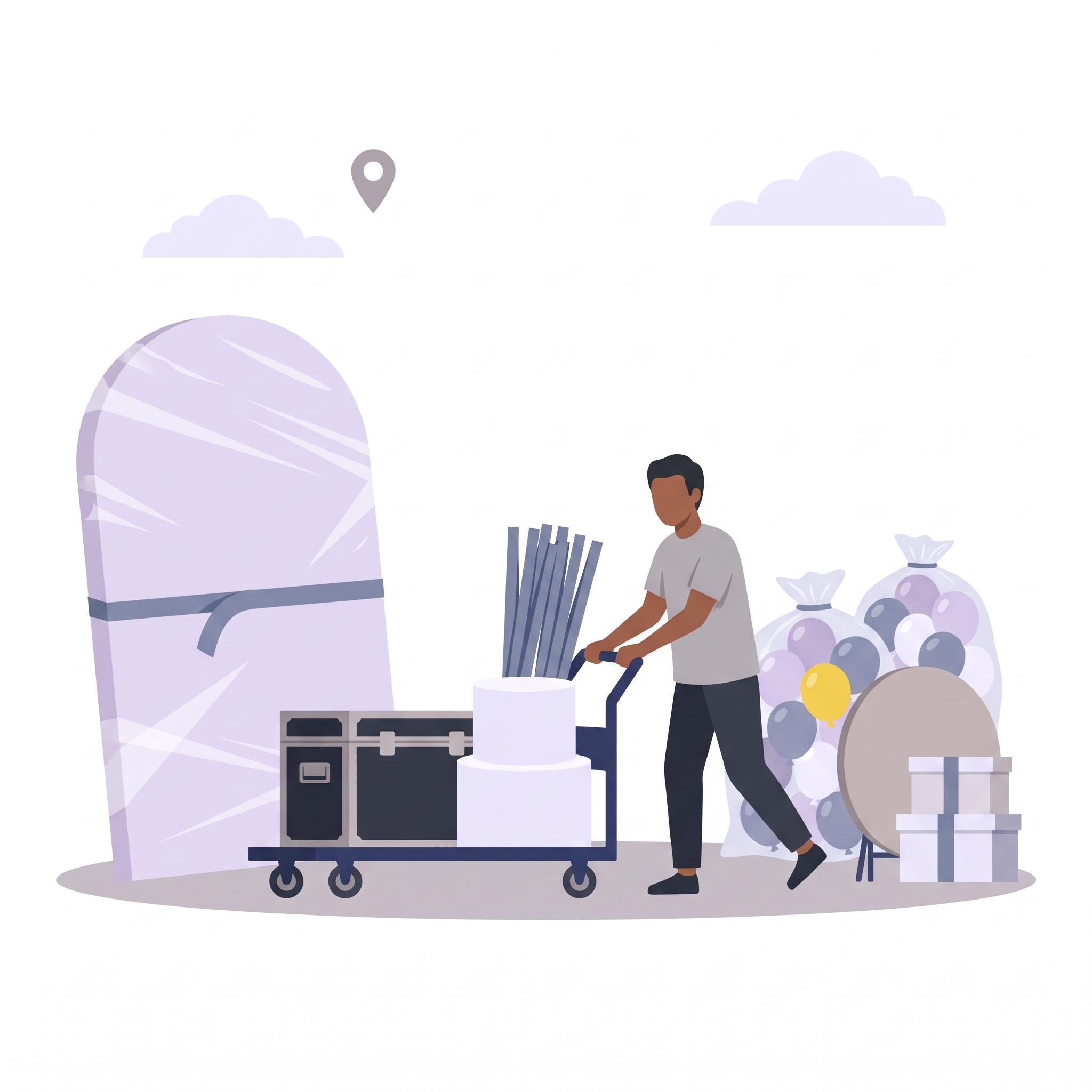 Illustration of a man wheeling a trolley of flight cases and backdrop poles past a wrapped backdrop panel, balloon bags, a folding table and gift boxes