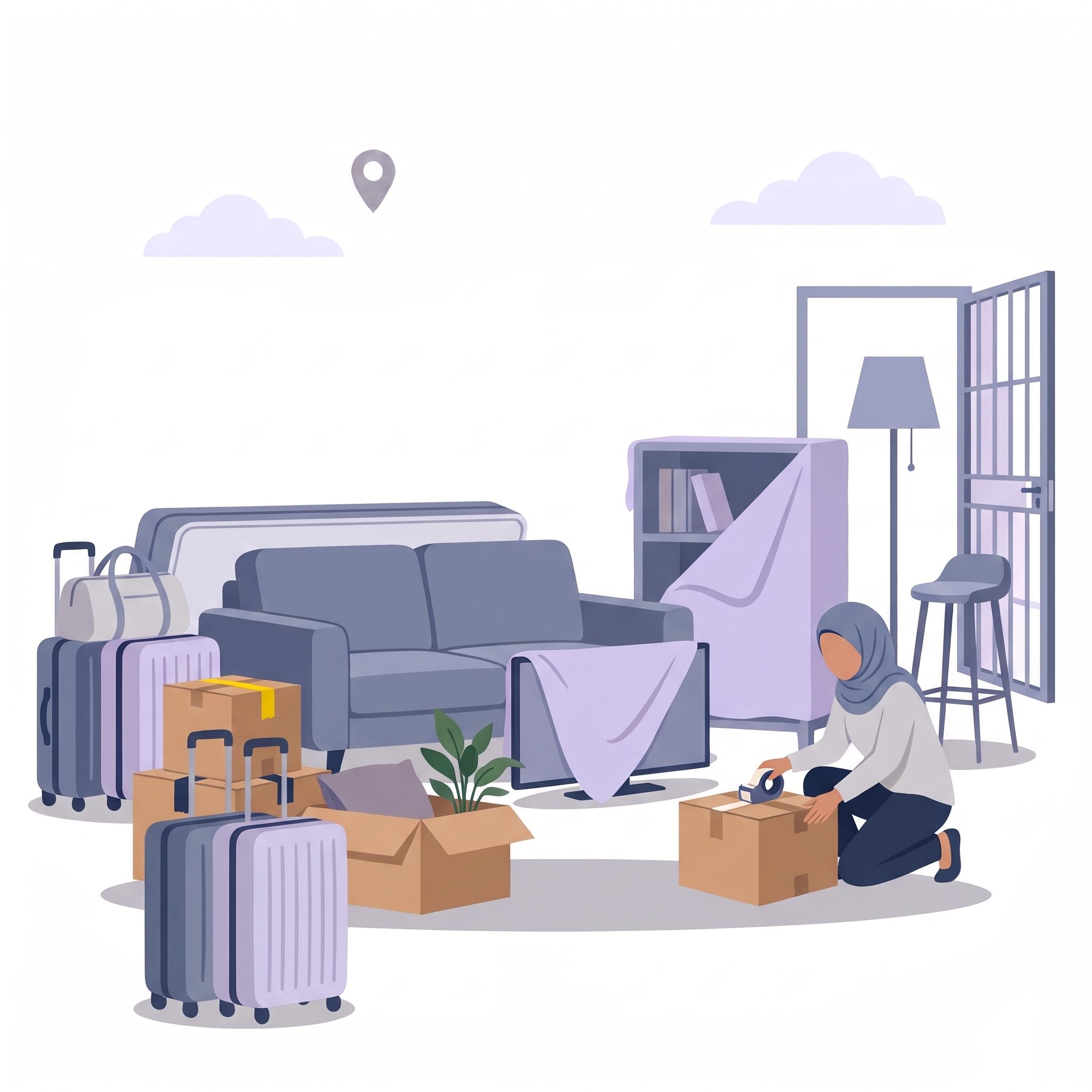 Illustration of a woman taping a moving box in a living room packed with a sofa, suitcases and covered furniture