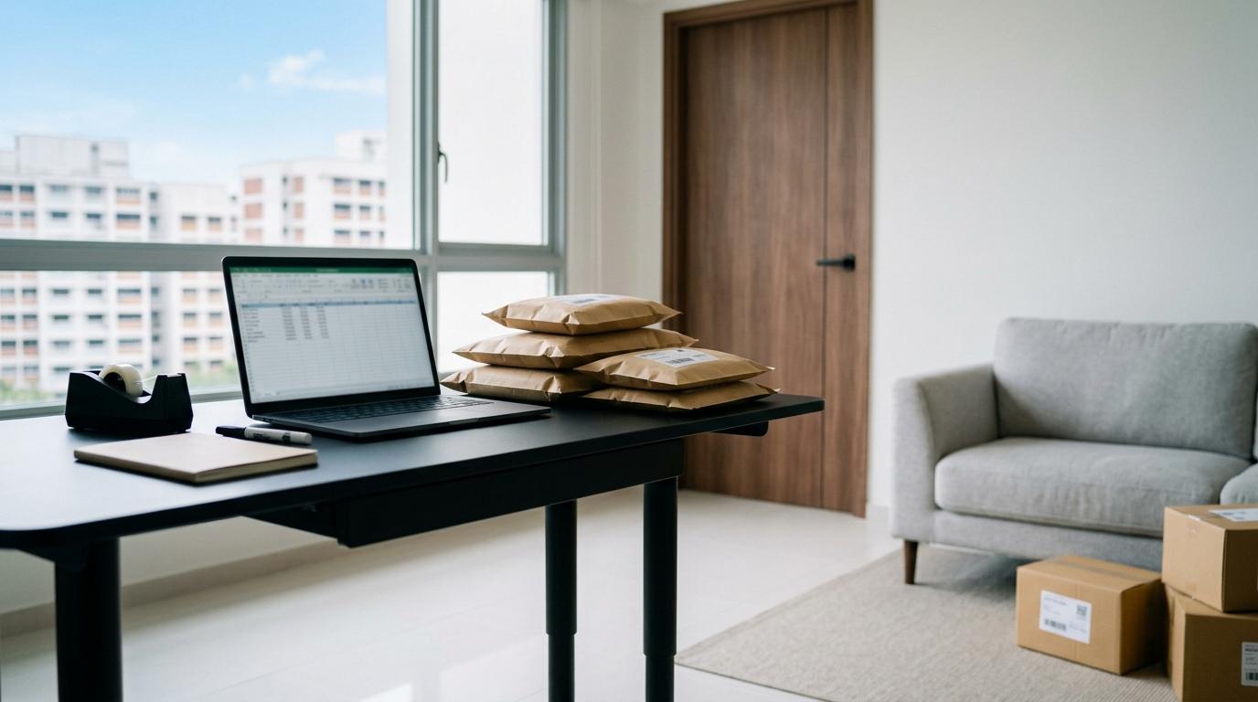 Singapore home business packing station with parcels ready for courier pickup
