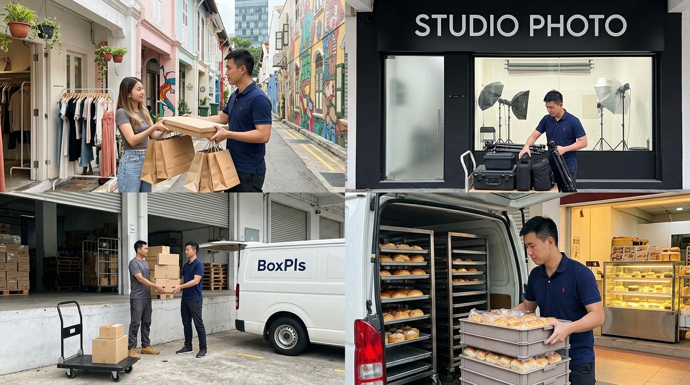 The same BoxPls driver across four pickups: boutique, studio, warehouse, bakery
