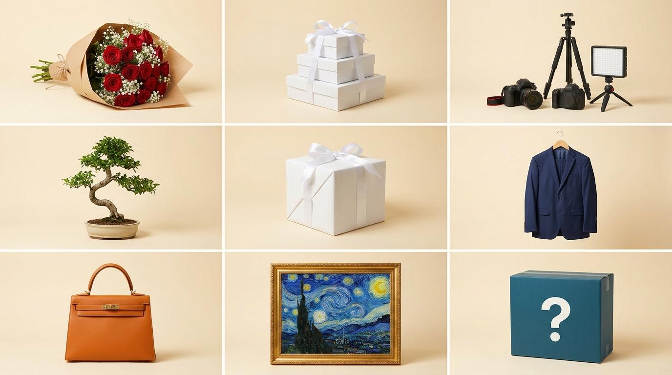 Nine kinds of goods BoxPls carries, from bouquets to camera kits to mystery boxes