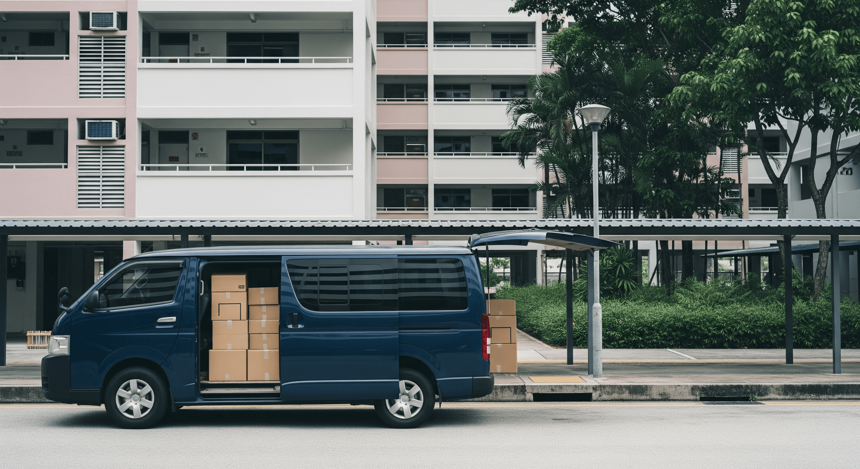 Navy blue delivery van loaded with parcels parked beside a covered walkway at a Singapore HDB block