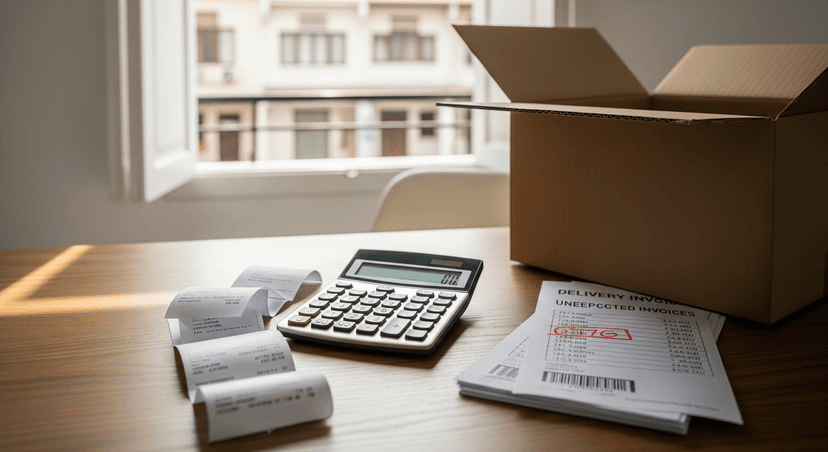 Calculator and receipts scattered on wooden desk next to open shipping box in Singapore shophouse with morning light