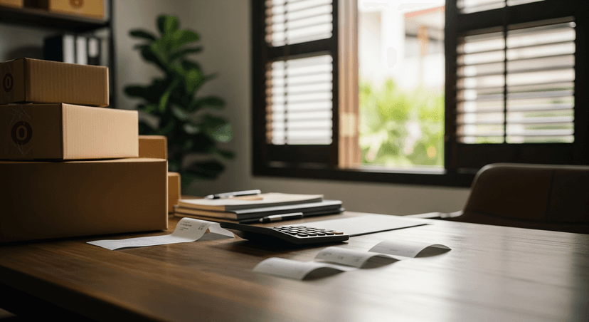 Small business workspace in a Singapore shophouse with calculator, receipts, and shipping boxes on wooden desk