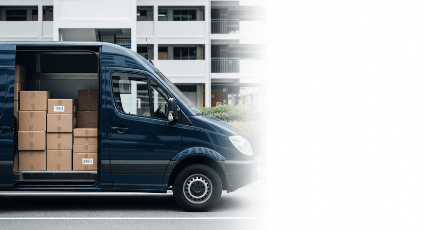 A navy-blue BoxPls delivery van parked at the foot of a Singapore HDB block with parcels stacked by its open side door