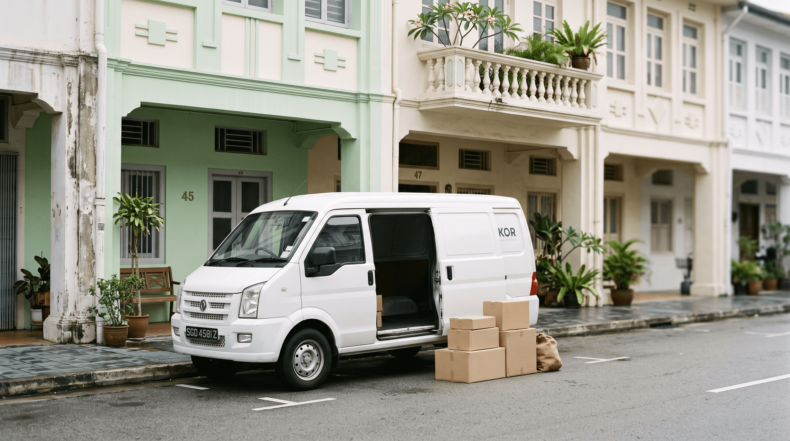 A white compact cargo van with its side door open parked along a row of pastel Tiong Bahru shophouses in Singapore, a few brown boxes on the kerb ready to load