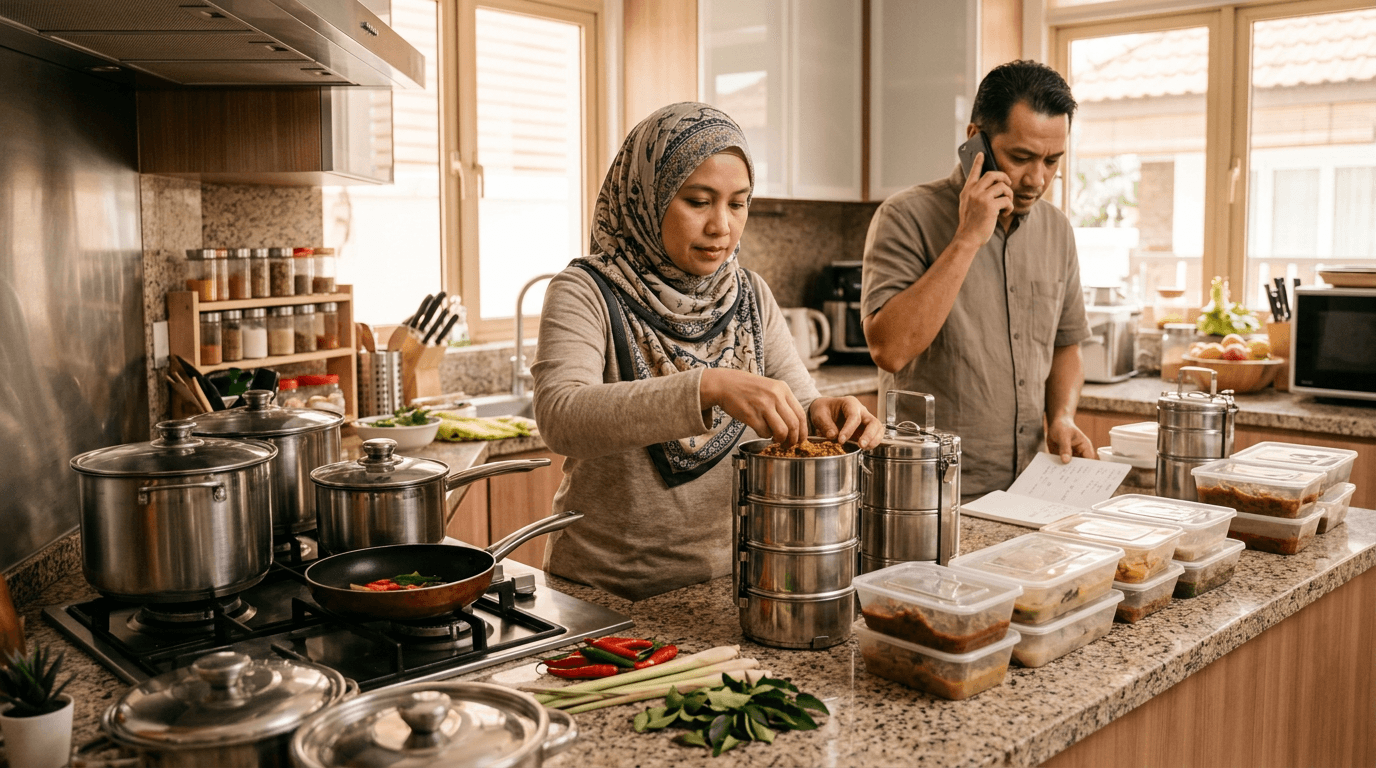 Home cook preparing tingkat meals for delivery
