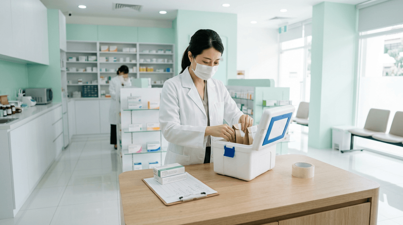 Pharmacist preparing medical supplies for delivery